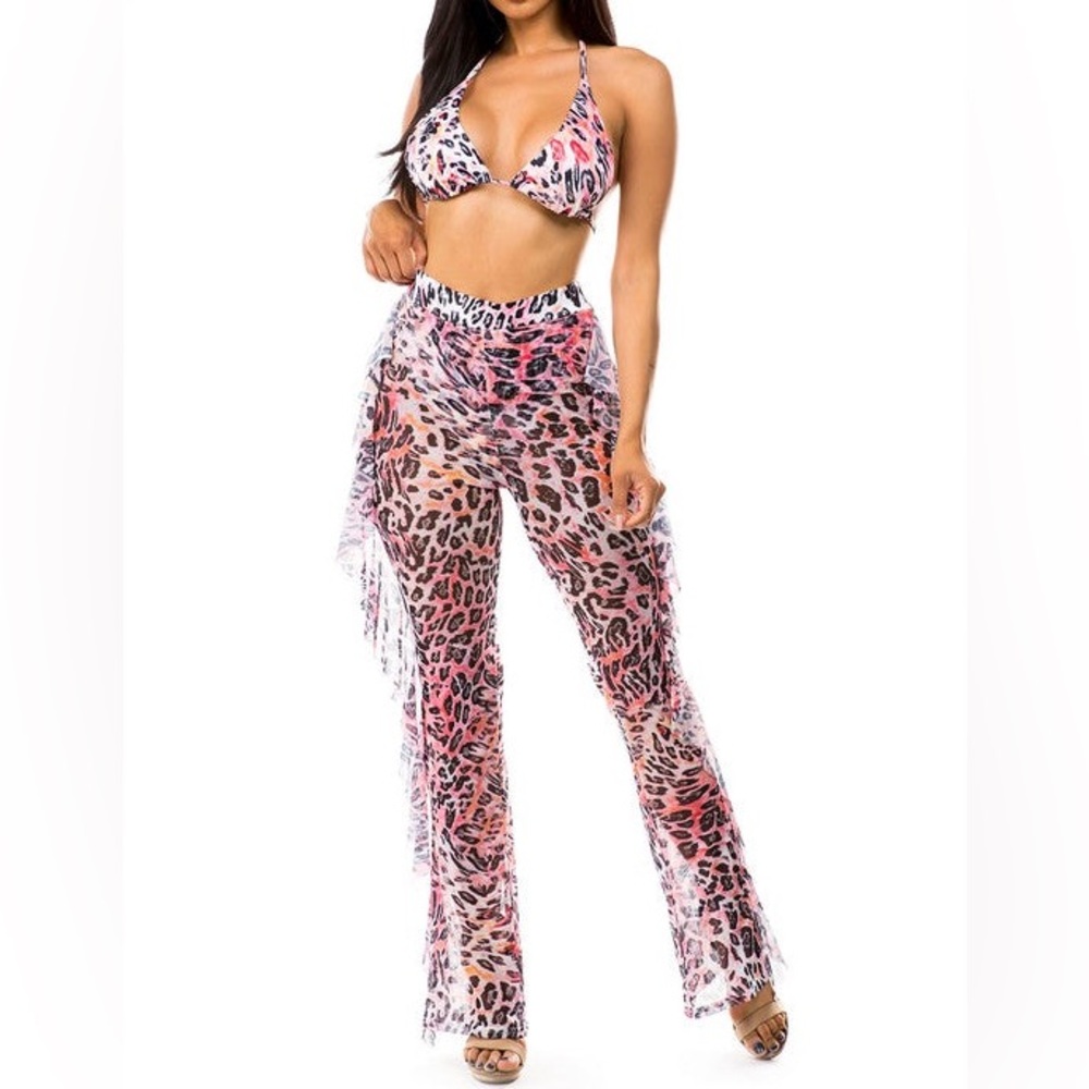 NEW - Leopard Print Sheer 2 Piece Set, Bikini Top & Elastic Waist Pant, Size L